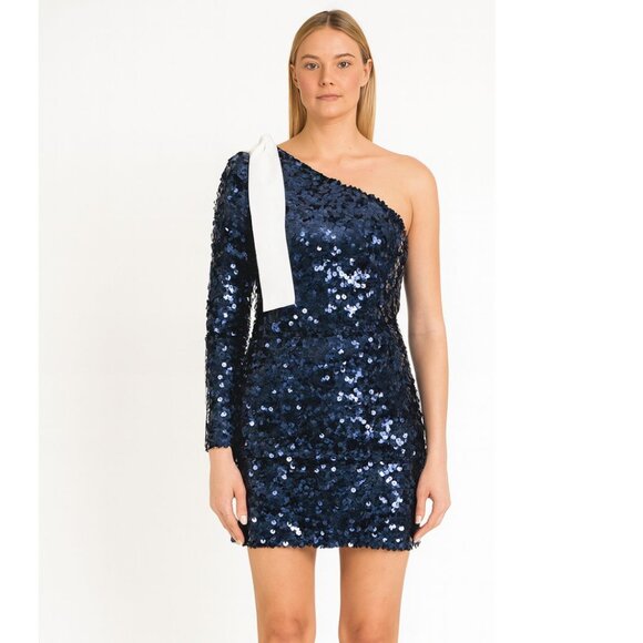 MSGM One Shoulder Sequin Mini Dress Blue 4 Blue NWT - Picture 1 of 13